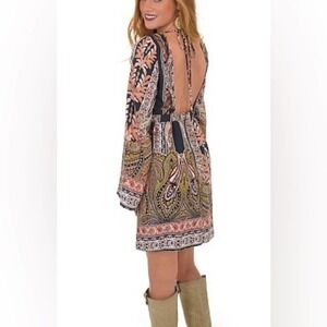 Sage open-back Boho Festival Long-sleeve Dress Paisley A-line Sheath Mini M